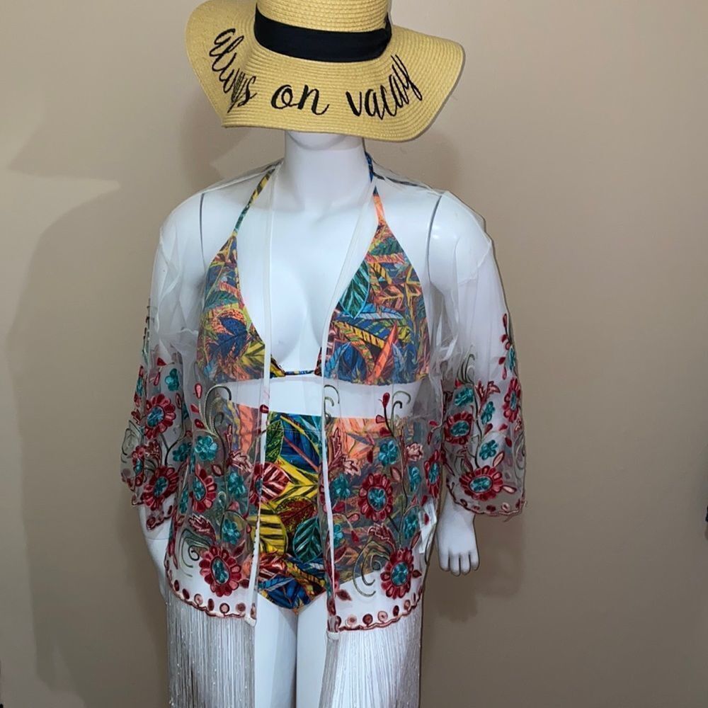 NWT Forever 21 Boho White Embroidered Sheer Swimsuit Coverup - Size Large
